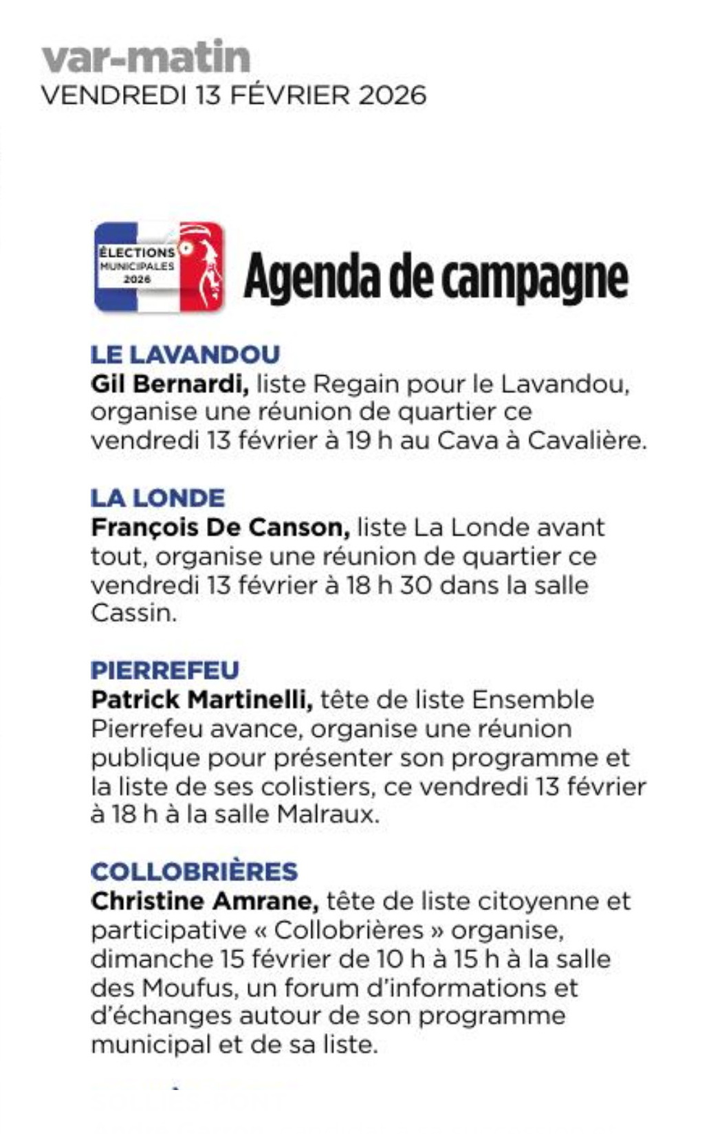 extrait de l'agenda de campagne